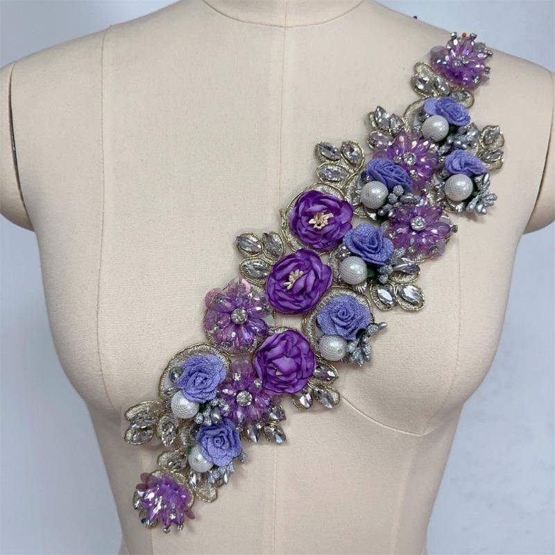 Big Rhinestone 3D Flower Sewing Fabric Applique Embroidery Rhinestone Flower Patch for Wedding Dress Decoration