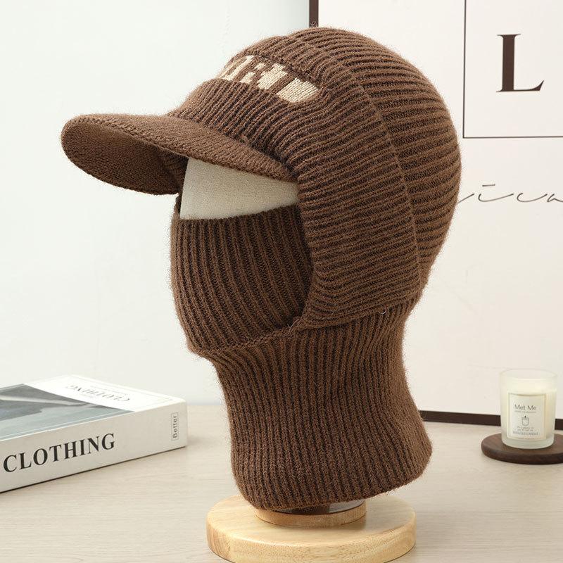 Men'S Velvet Lined Knitted Beanie Winter Hat With Collar, Outdoor Cycling Sports Cap For Men Black/Gray One Piece New Keep Warm