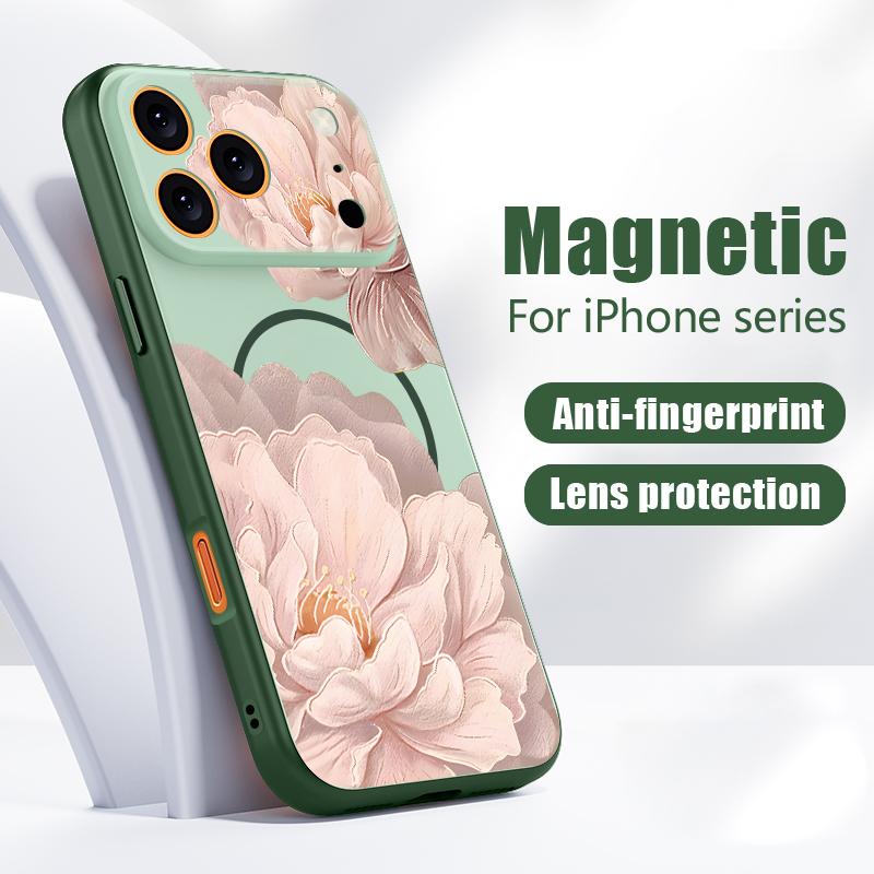 Pink Peony Flowers Case For iPhone 17 Pro Max Funda iPhone 16 15 14 13 Pro Max Magnetic For Magsafe Hybrid Slim Matte Cover