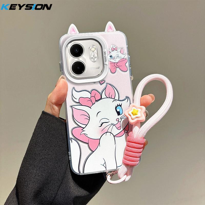 KEYSION Cute Ear Cartoon Case for Infinix Hot 50i with Lanyard Soft Silicone+PC Shockproof Phone Back Cover for Infinix Smart 9