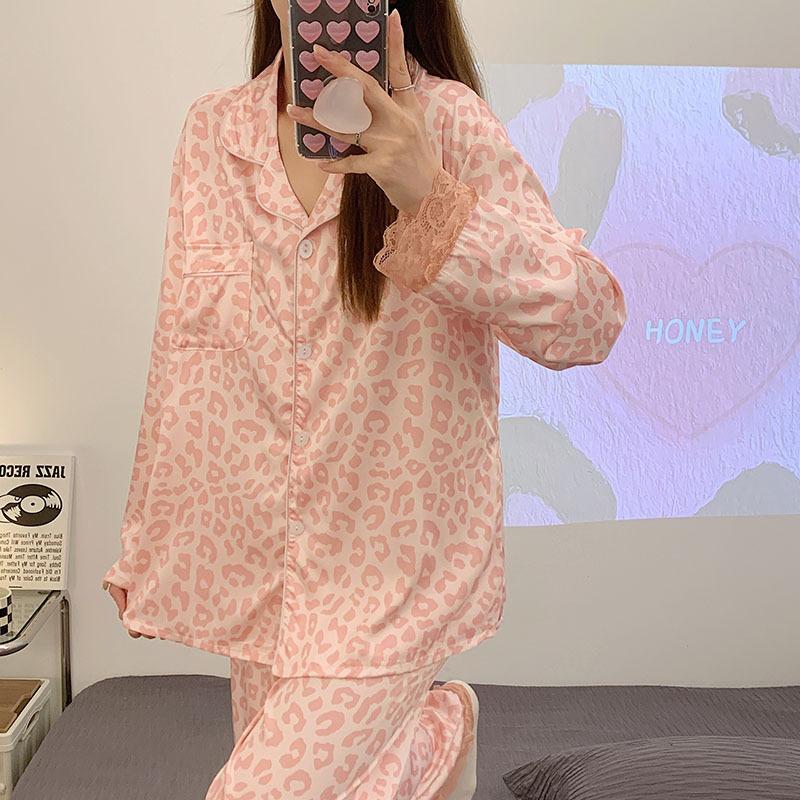 Pink Leopard Print Long-Sleeved Cardigan Pajamas Women'S Casual Spring Loungewear Set