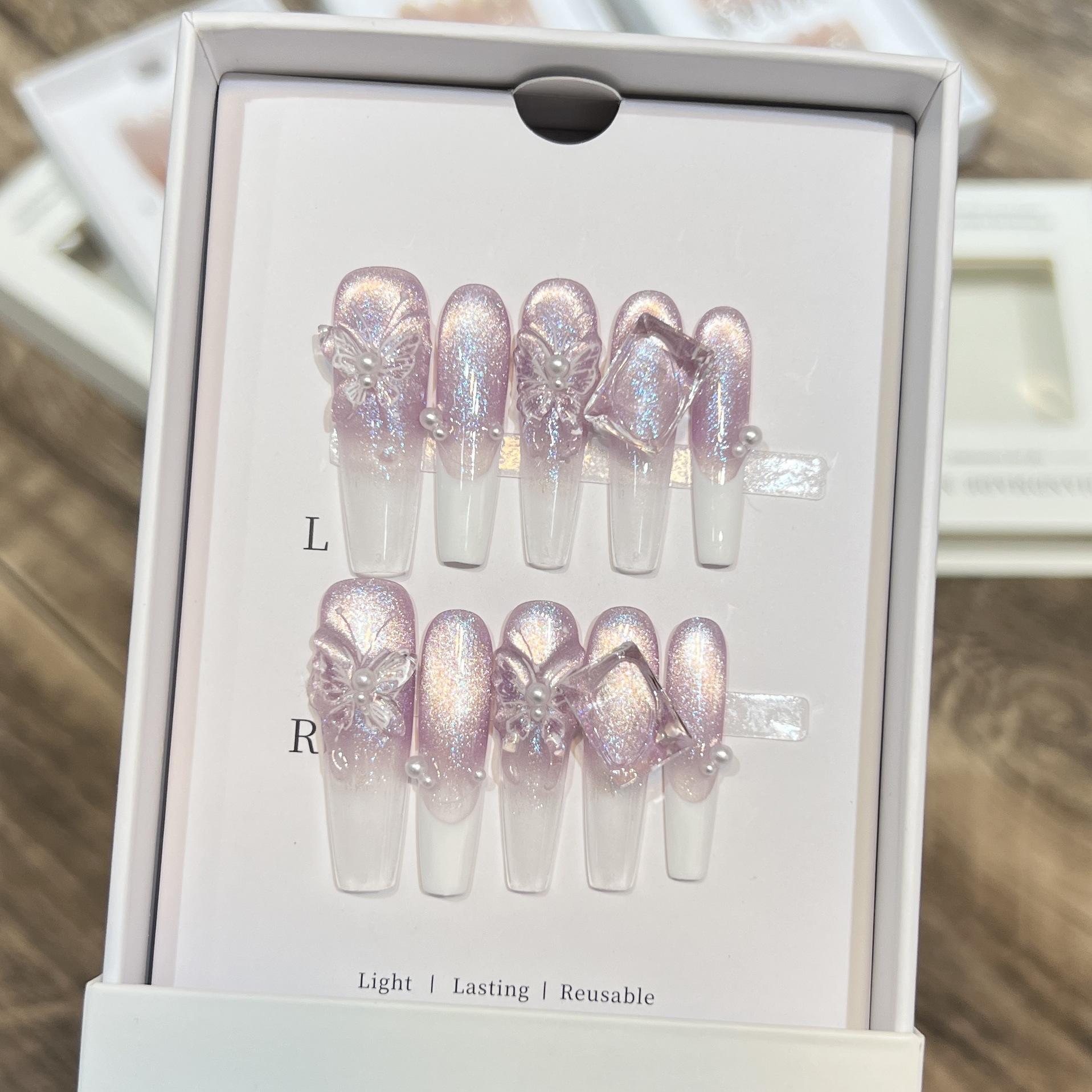 

Pure Hand-wearing Armor High-end Atmosphere Feeling Purple Mei Niang Butterfly Manicure White French Pearl Square Diamond large L