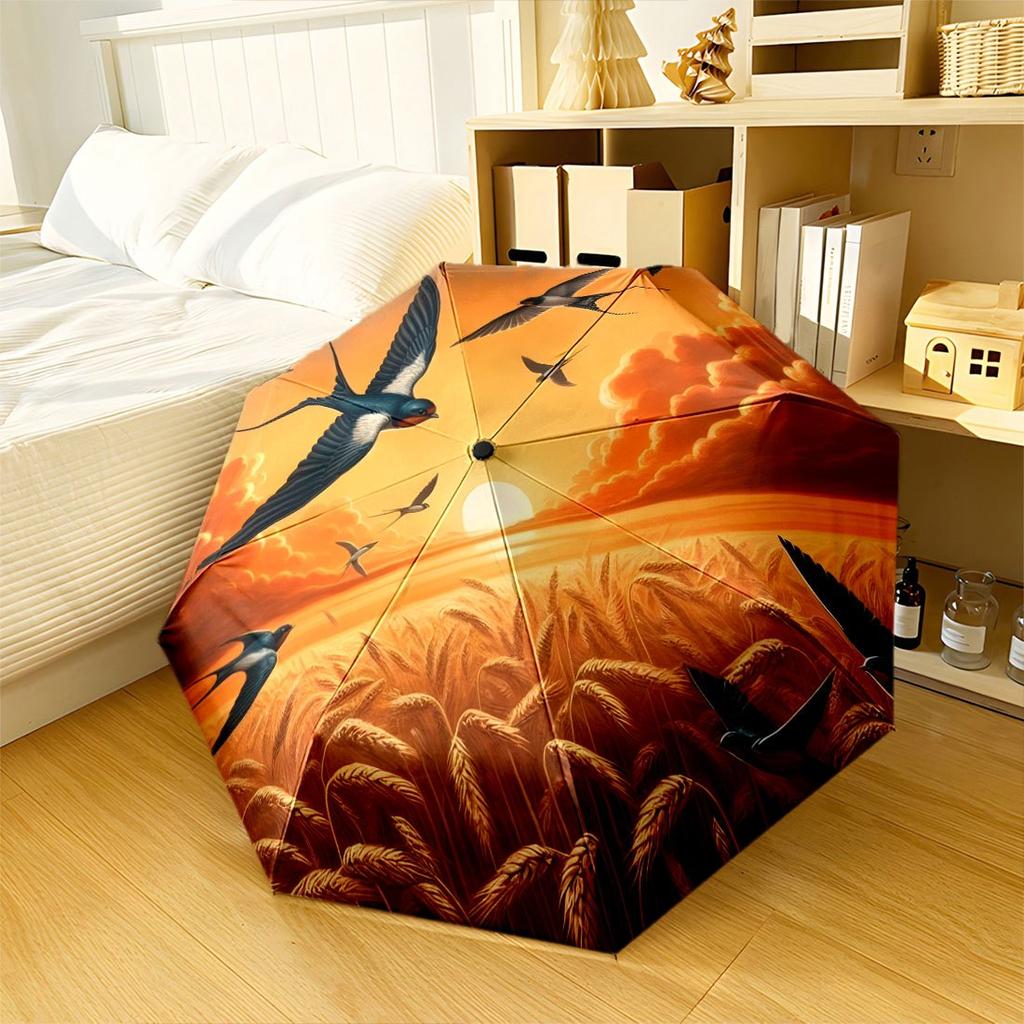 Swallows Soar Over Golden Wheat Fields At Sunset Portable Automatic Umbrella Retractable Design With 8 Rib Durability Sturdy Construction All Season