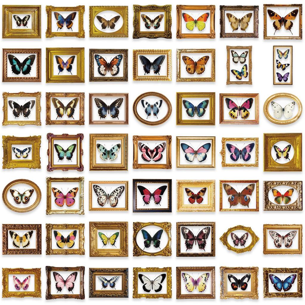 52 Retro Butterfly Stickers Pack Waterproof Transparent PET Hand Account Butterfly Material Decorative Guitar Notebook