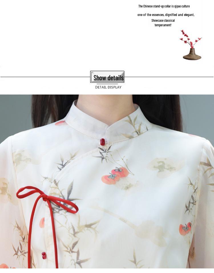 Retro-Print Chiffon Tang-Anzug & Hanfu Weitbein-Hosen-Set für Damen – Frühjahr/Sommer-Kollektion