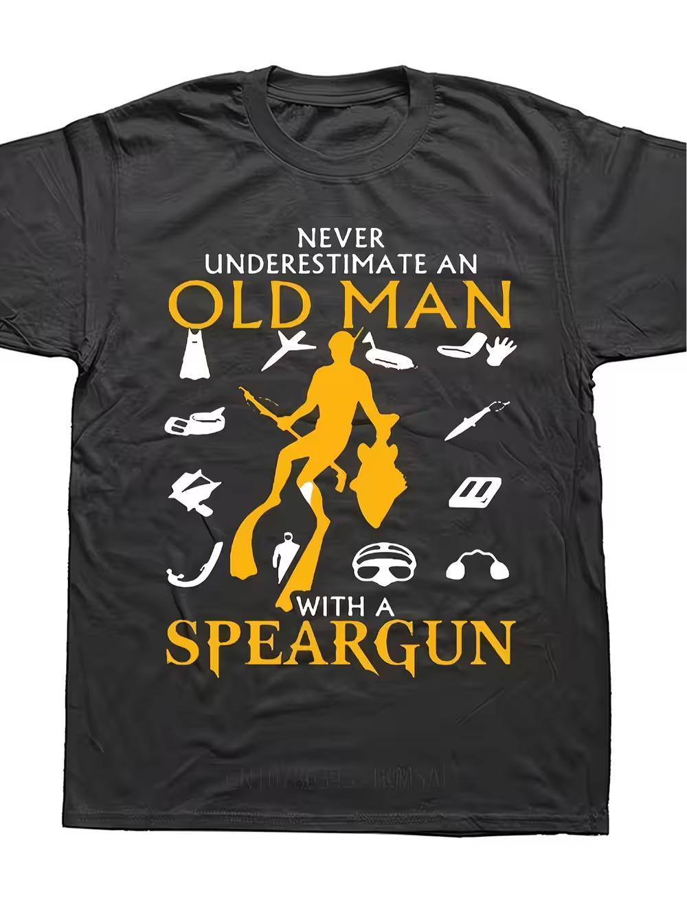 Herre Funny Spearfishing Graphic T-Shirt-  Never Eat an Old with a Spear  Slogan& Spearfishing Icons Design-& Yellow Retro Surfing Tee- Soft XL