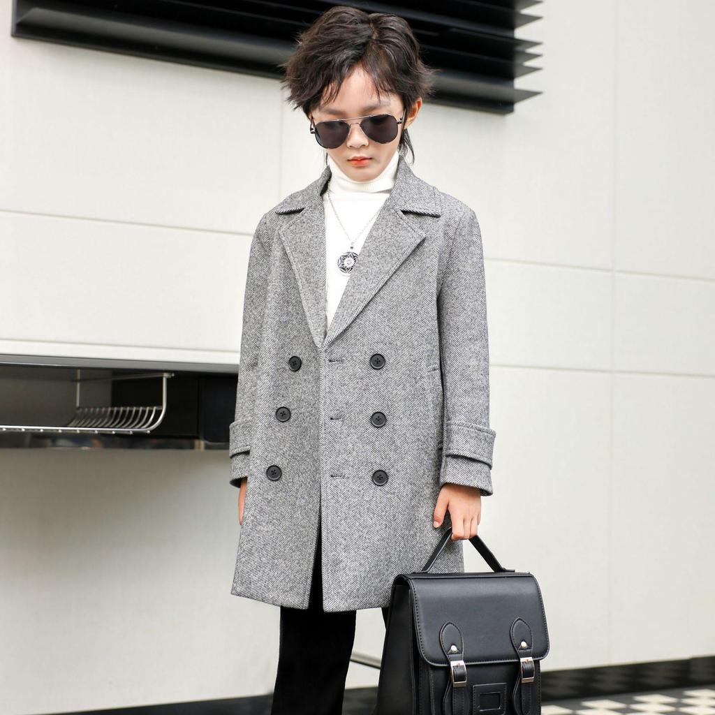 Boys' Mid-Length Wool Trench Coat - Stylish and Warm Korean-Style Overcoat for Autumn and Winter