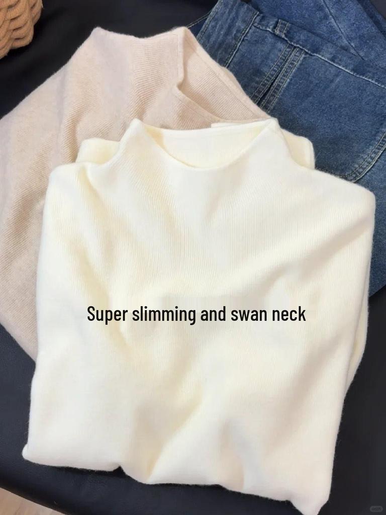 Women's Slimming Korean Style Minimalist Knitwear - Soft Stand Collar Long Sleeve Sweater for Spring/Autumn