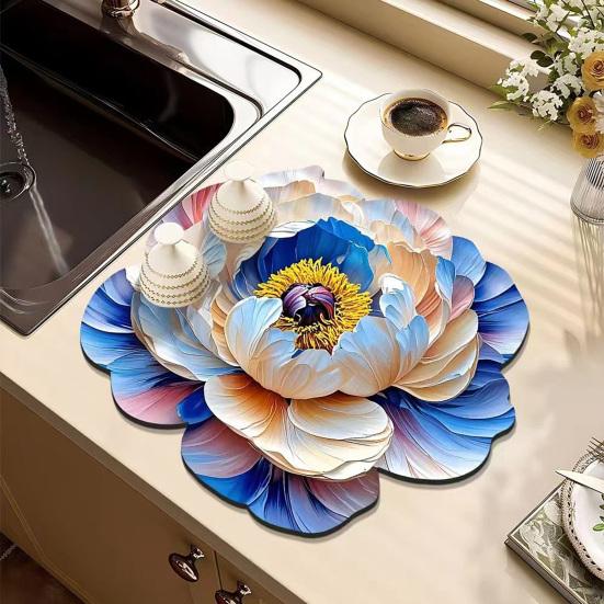 Yousheng 3D Dish Drying Mat Absorbent Kitchen Drying Mat Floral Reusable Washable Dish Drying Pad Non-slip Dish Rack Mats for Kitchen Counter