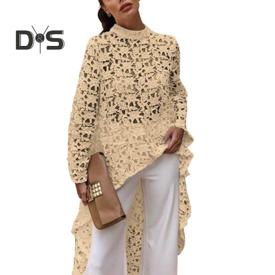 Women Long Top Cutout Irregular Crochet Lace Floral Patchwork See-through Short Front And Long Back Blouse Half-High Collar Long Sleeve Dress