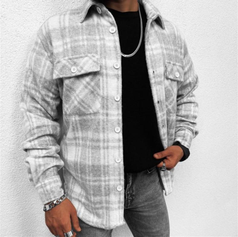 Men's Casual Plaid Long Sleeve Shirt, Loose Fit Blue Gray Checkered Button-Up with Chest Pocket