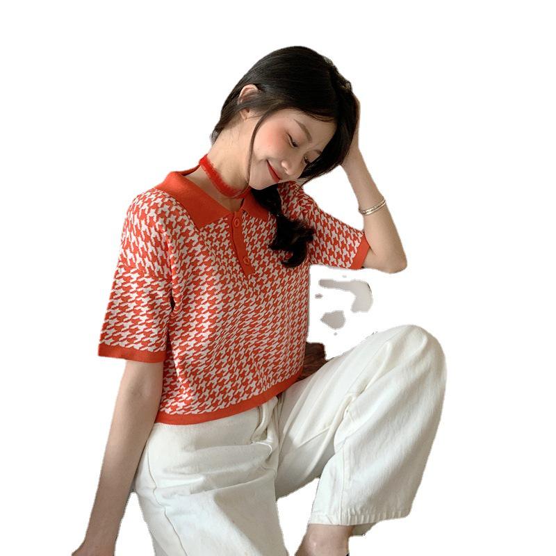 Women's 2022 Summer Korean Polo Collar Knit Short Sleeve Loose T-Shirt