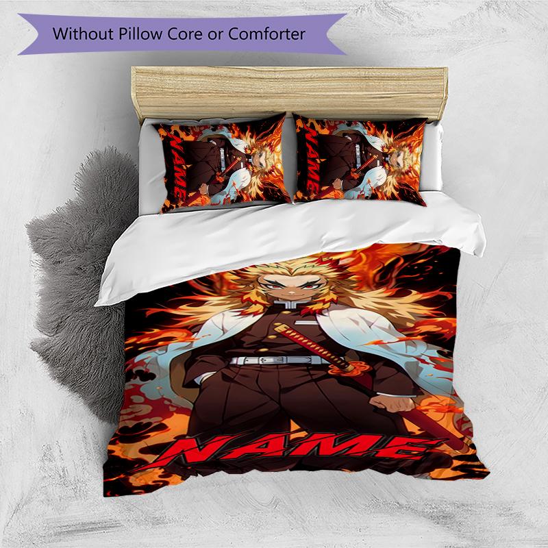 3pcs Custom Name Demon Slayer Character Theme Bedding Set Duvet Cover Closure Includes 1 Duvet Cover & 2 Pillowcases for All Seasons Bedroom Decor