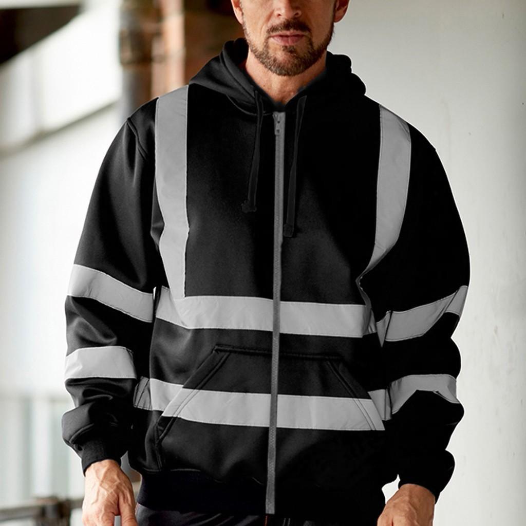 Mens Road Work High VisibilityPullover Long Sleeve Hooded Sweatshirt Tops Blouse