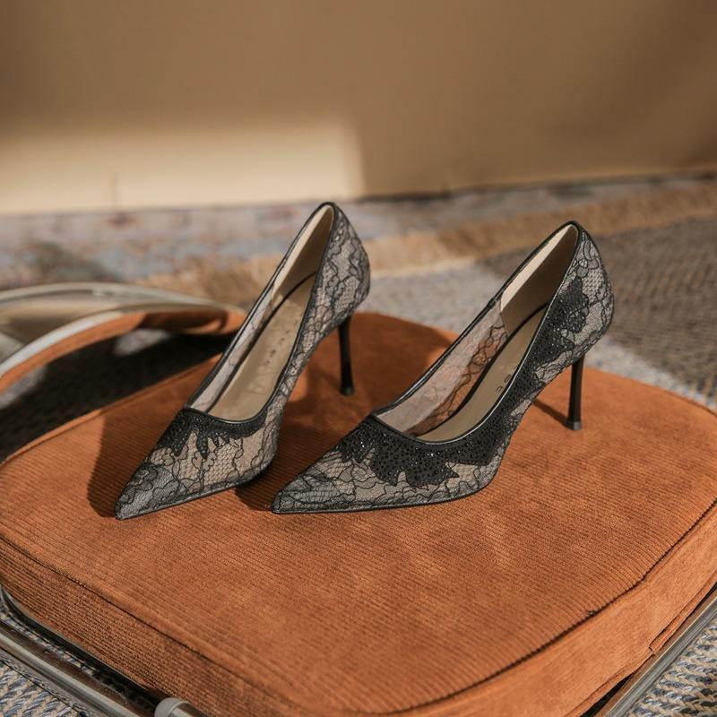 Sexy Black Flower Lace Mesh Pump Women Pointed Fashion Party Shoes 8CM Thin High Heels Women's Office Shoes Shallow Zapatos