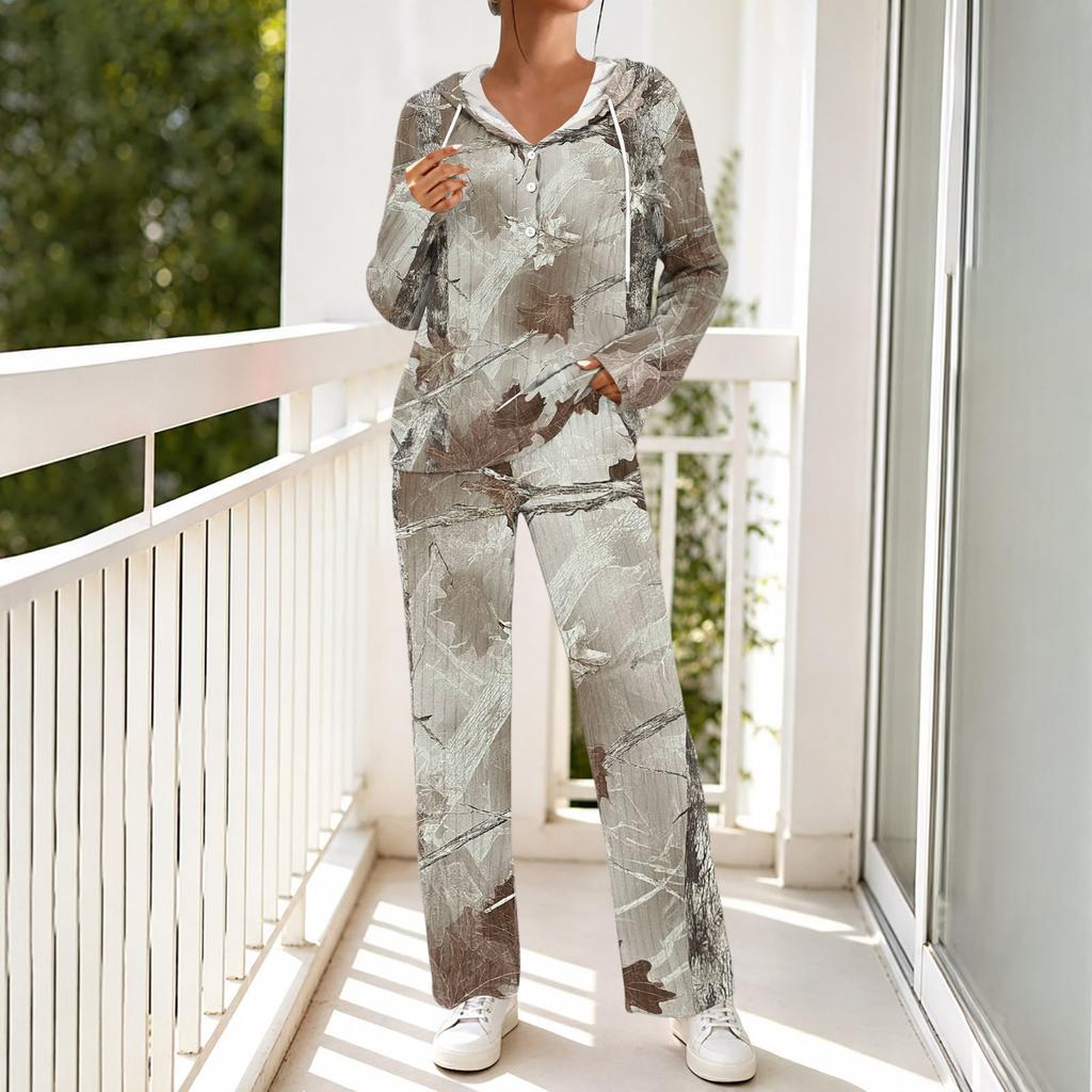 Women's V-Neck Print Long Sleeve Hooded Pajama Set with Pockets, Loose Fit Casual Wear