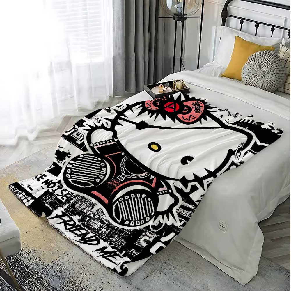 Kawaii Cat Hellos Warm Blanket Throw Furry Winter Blankets for Adults Microfiber Bedding Home Interior Fluffy Plaid Sofa Knee &