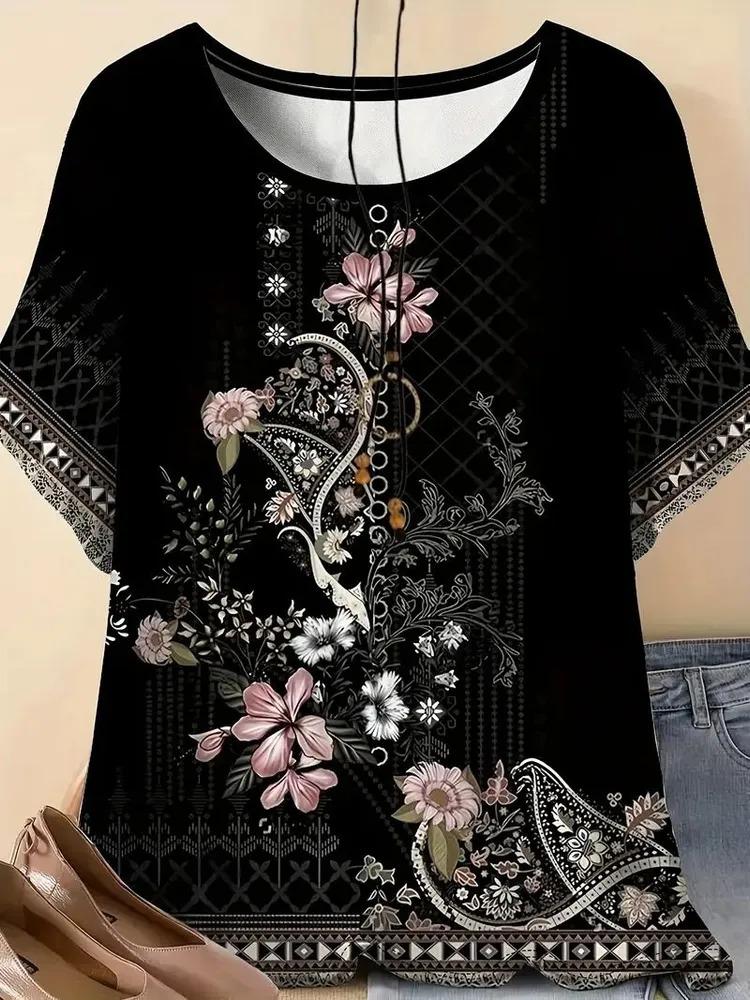 Summer women's printed pattern T-shirt casual short sleeved top fashionable women's round neck T-shirt