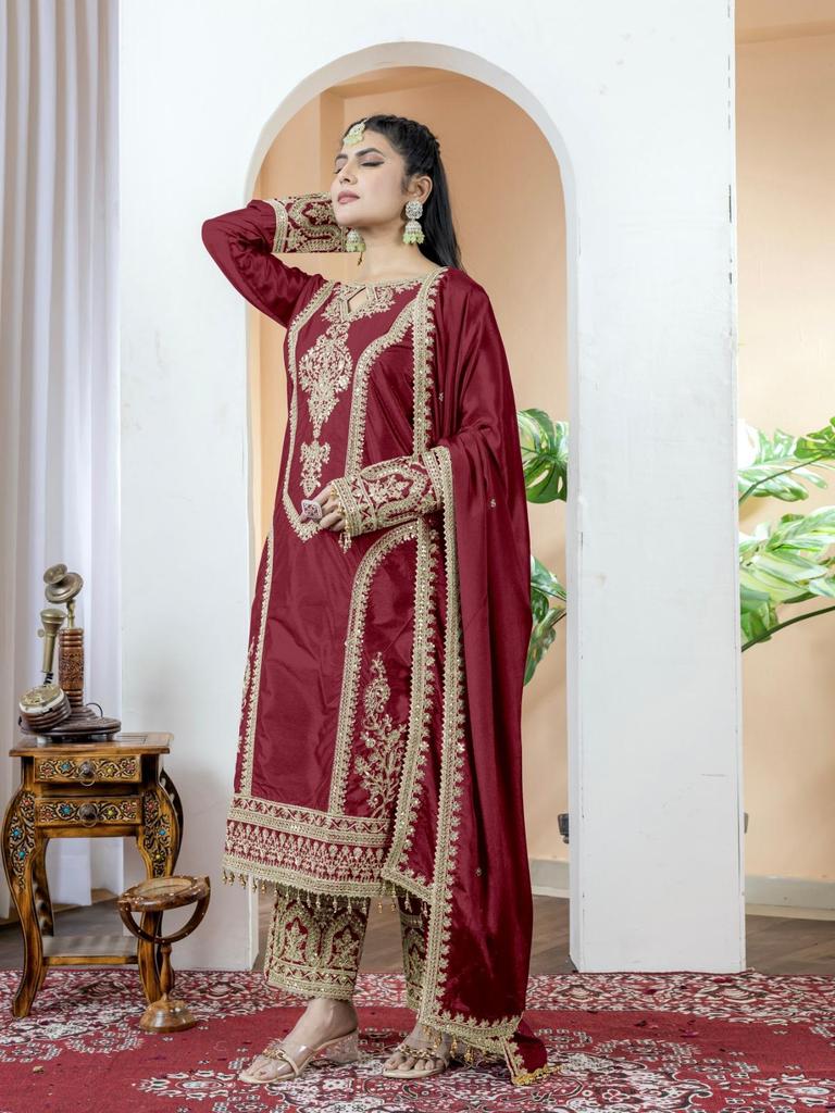 Party Wear Women Designer Salwar Kameez Indian Bollywood Heavy Chinon Silk Salwar Suit Dress