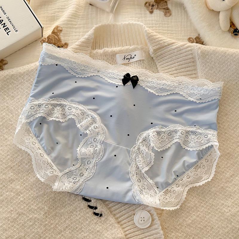 Women's French Polka Dot Lace Trim Breathable Ice Silk Panties
