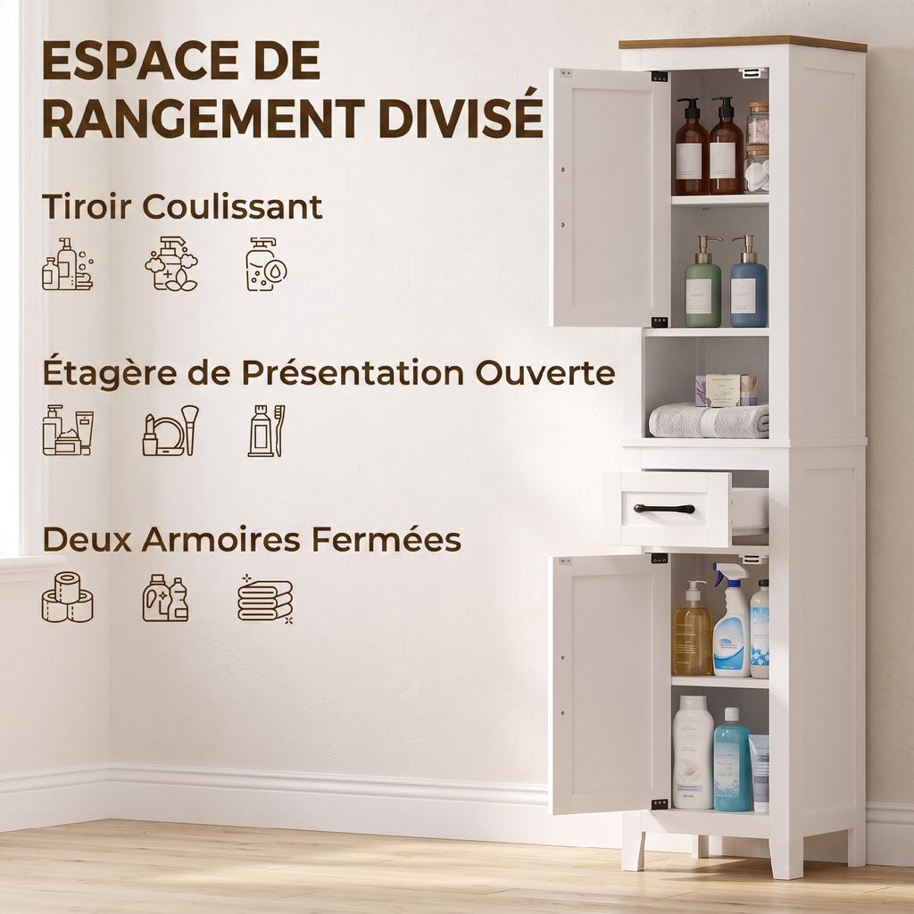 Bathroom Cabinet, 2 Doors, Drawer, Open Compartment, Adjustable Shelves, White