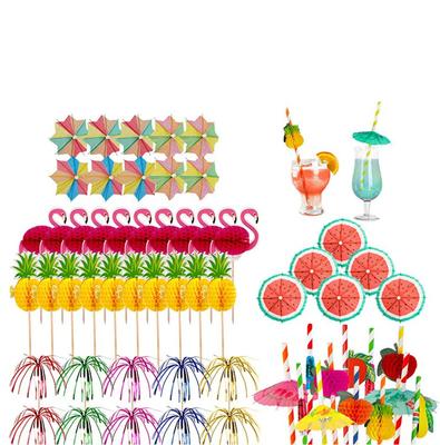 70 adet/90 adet Hawaii Parti Meyve Çubukları Tek Kullanımlık Şemsiye Kürdan Petek Meyve Kağıt Pipetler Aloha Luau Flamingo Parti Dekoru