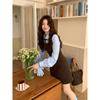 2026 Elegant Korean Style Blue Plaid Vest Dress - Fake Two-Piece, Waist-Cinched, Age-Reducing