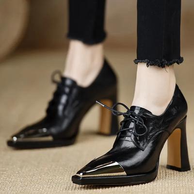 Shoes Women Lace Up Genuine Leather High Heel Pumps Female Low Top Metal Pointed Toe Wedding Party Ankle Boots Casual Shoes