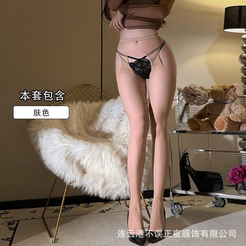 Sexy fishing net hot diamond sex stockings four-sided open crotch pantyhose flirting free nightclub leg socks