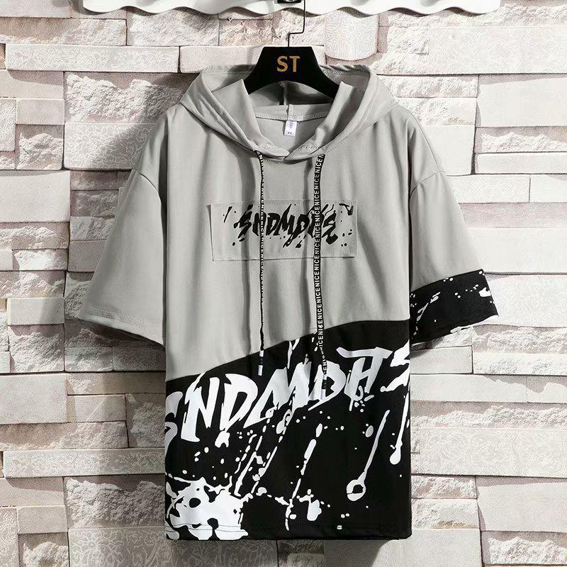 Men's Summer Short-Sleeved Hooded T-Shirt - Korean Style Trendy Five-Point Sleeves for Teens and Boys