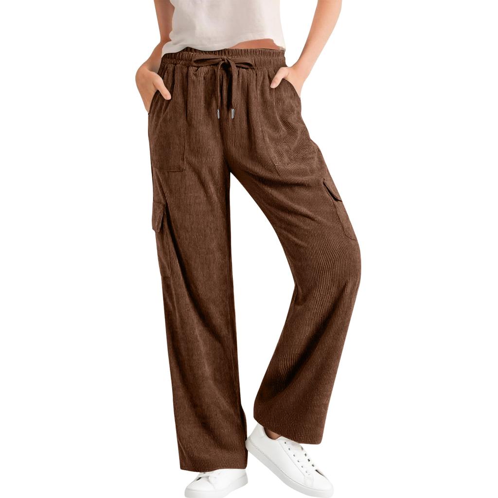 Women's Corduroy Casual Pants High Waist Elastic Drawstring Loose Workwear Wide Leg Pants With Pockets