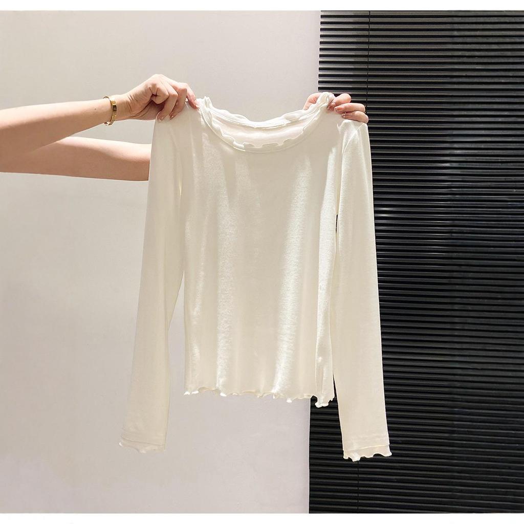 Korean Style Ruffled Long Sleeve T-shirt for Women - 2025 Autumn Slimming Baselayer