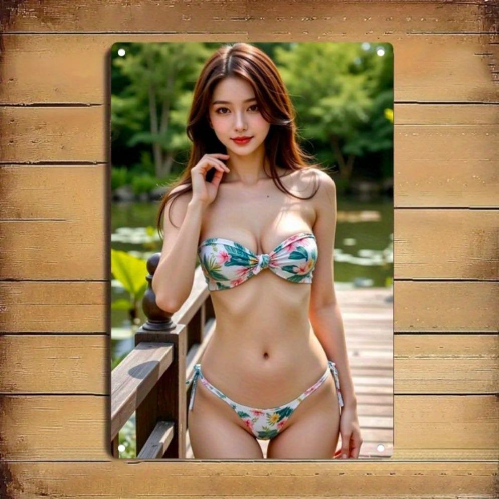 Vintage Kwiatowy Bikini Metalowa Sztuka Ścienna - Różowy i Żelazny Okrągły Znak Aluminiowy, Łatwy do Zawieszenia Dom Kawiarnia Bar Biuro Gospodarstwo Jesienne Dekoracje