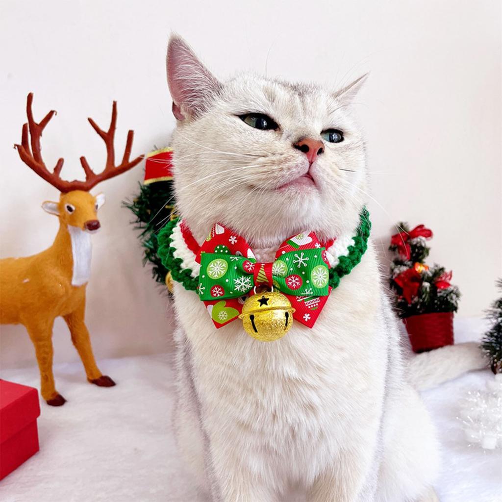 Pet Christmas Collar Adjustable Cute Hand Woven Cat And Dog Knit Cat Collar Scarf With Bell M Golden Bells Red Collar