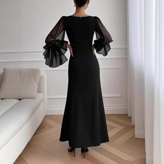Women's V Neck Maxi Dress Sexy Mesh Long Lantern Sleeve Slit Long Evening Dress Cocktail Party Formal Gown