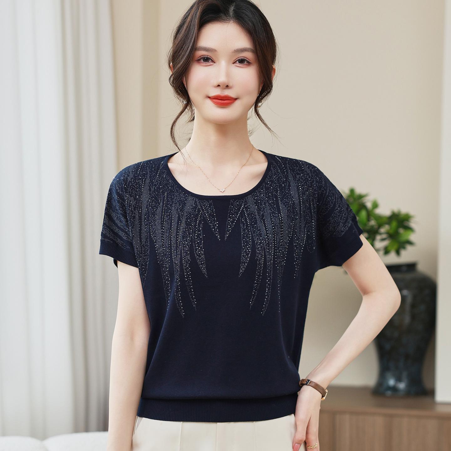

Stylish Ice Silk Knit Top for Summer - Short Sleeve T-Shirt for Young and Middle-Aged Women XL (recommended 100-110 lbs) темно-синий