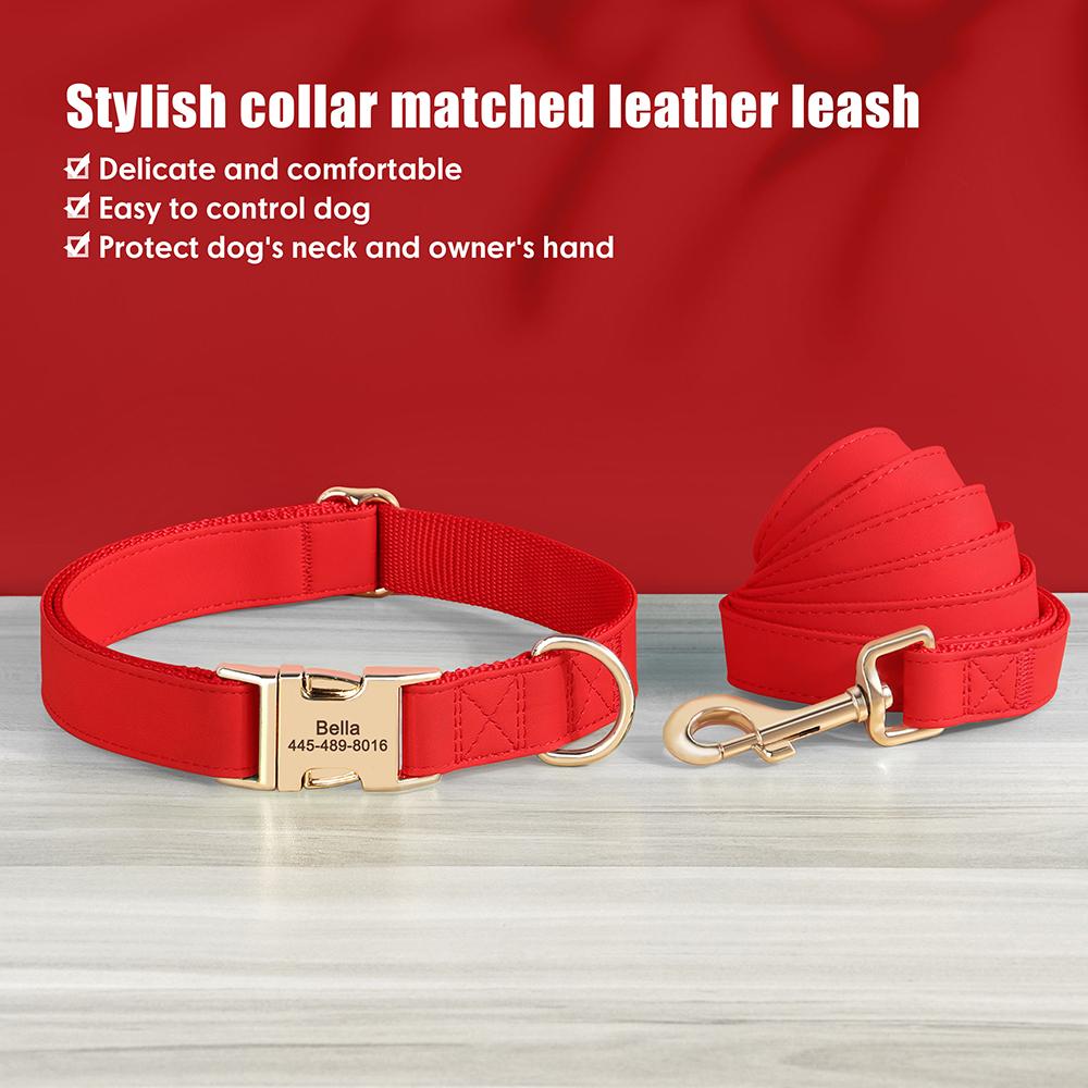 Custom Dog Collar Leash Set PU Leather Dog Collars Engraved Pet ID Necklace With Lead Rope Durable for Small Medium Large Dogs