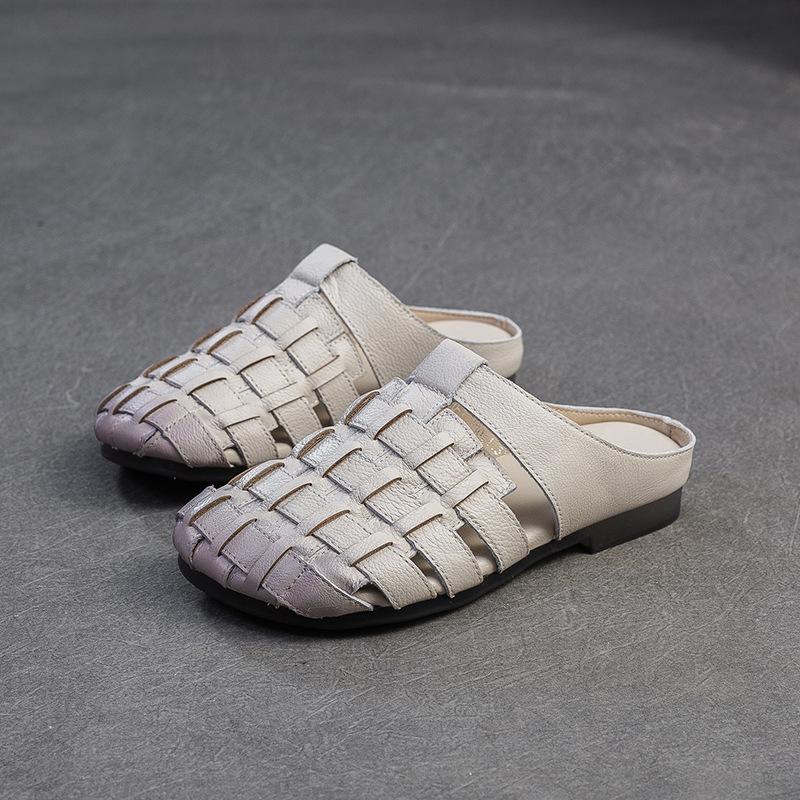 Fashion GKTINOO 2025 Summer New Handmade Woven Breathable Flat Slippers Casual Genuine Leather Women's Slip-on Shoes