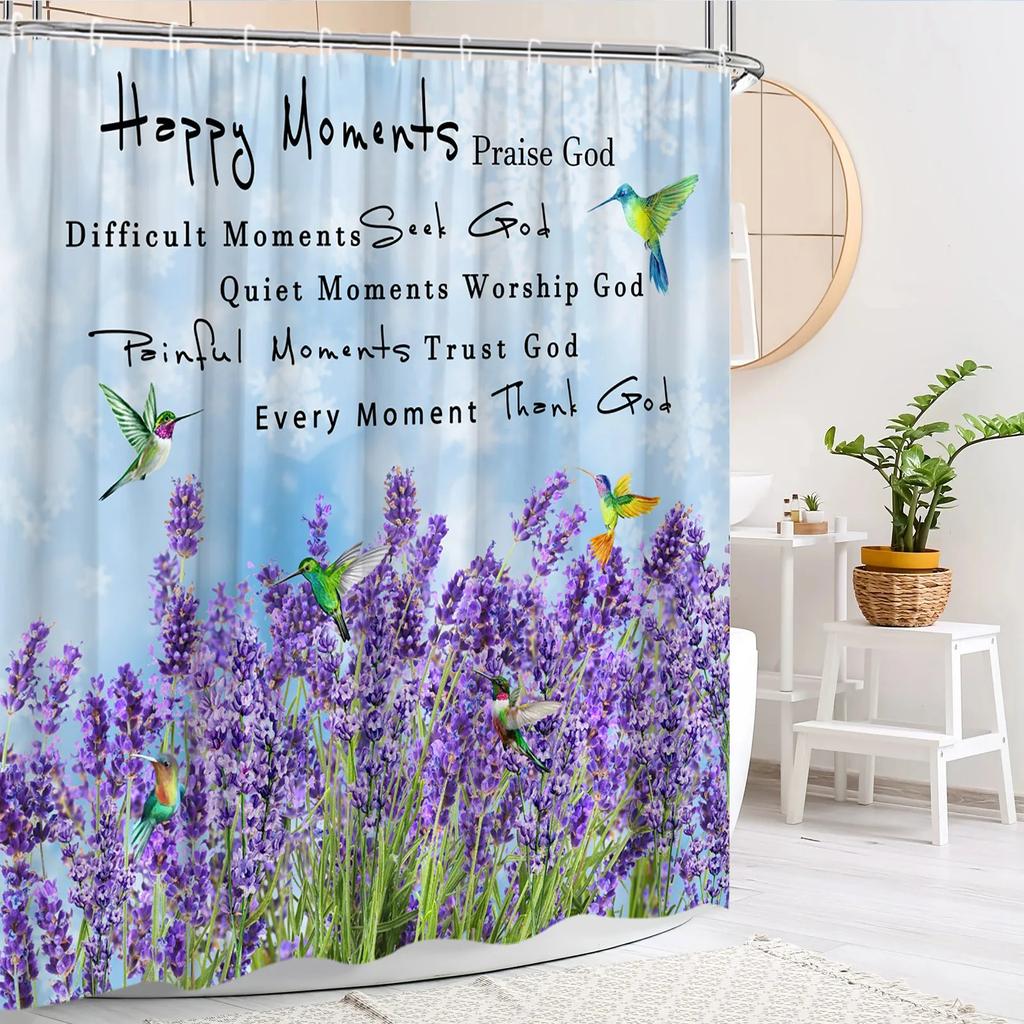 Floral Shower Curtain Purple Lavender Farm Green Leaf Butterfly Rustic Wood Panel Modern Polyester Fabric Bathroom Decor Curtain