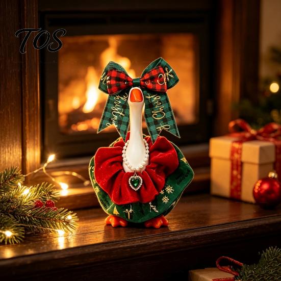 Winter Goose Costume Christmas Cute Desk Outfits, 7 Inch Mini Wreath Clothes with Bow Holiday Ornaments for Statues Tie Headwear And Faux Pearl