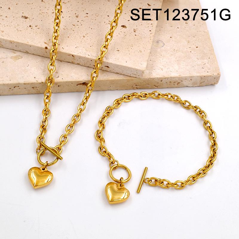 Stainless Steel Heart Pendant Necklace & Bracelet Set - Fashionable Titanium Jewelry