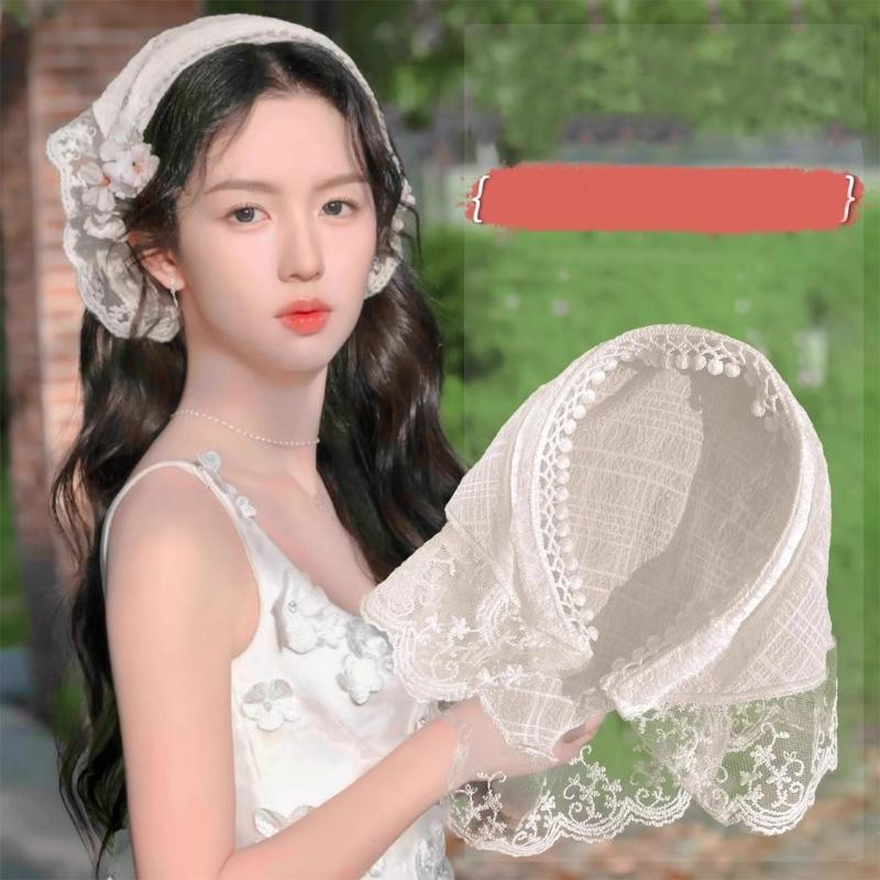 Comfortable Breathable Fabric Lace Bandana Headscarf for Women French Integrated Headwrap Pastoral Hair Decoration