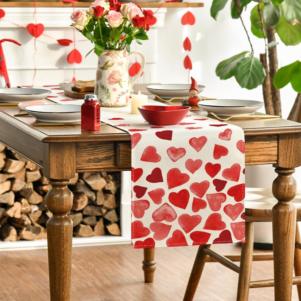 Artoid Mode Red Heart Valentine's Day Table Runner, Seasonal Anniversary Wedding Kitchen Dining Table Decoration for Home Party Decor 13x72 Inch