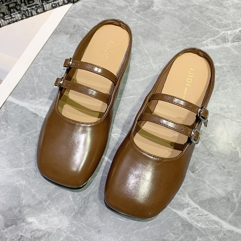 

Baotou comfortable flat bottom comfortable temperament wear Mary Jane half slippers trendy shoes women s shoes 40 коричневий