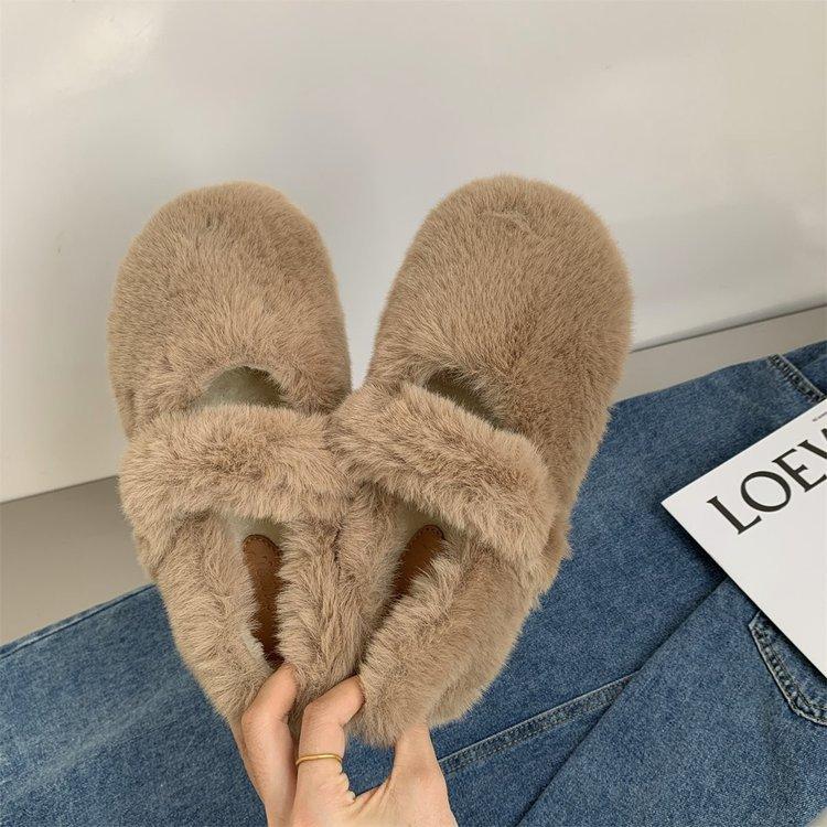 White Mary Jane Fluffy Shoes for Women's Winter Wear 2024 New Winter Velvet Soft-soled One-pedal Doudou Cotton Shoes