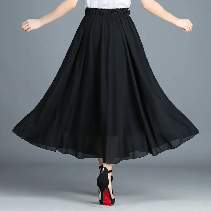 Chiffon Skirt Elastic Waistband Design Solid Color Women's High Waisted Dance Skirt Medium Length A-word Draping Long Skirt Commute Simple Casual