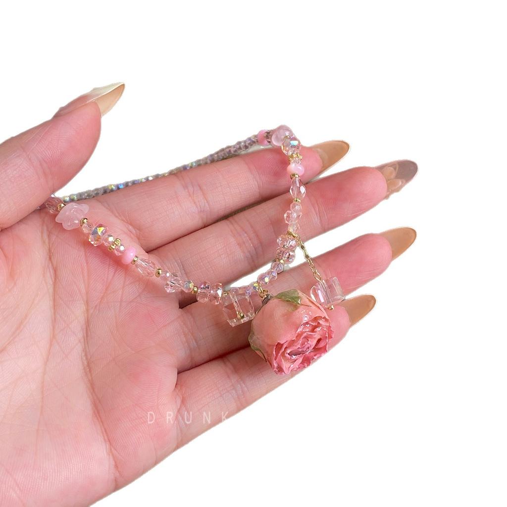 Infinite Heart Pink Immortal Flower Necklace Sweet Style Women Summer Street Shooting Accessory
