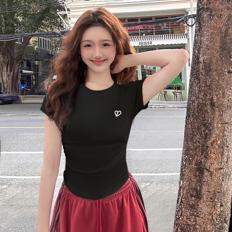 Love embroidery short sleeved t-shirt for women's summer new design, slim fit and slimming, front shoulder t-shirt top JS