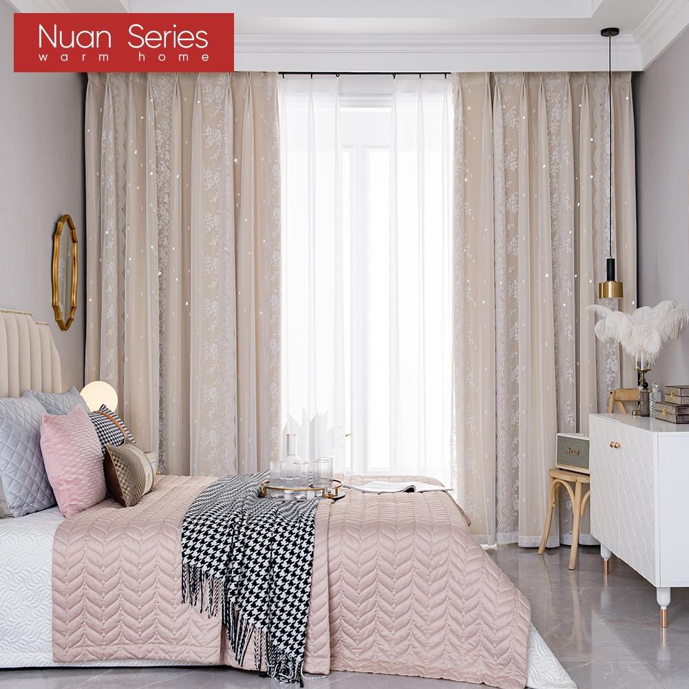 A Set of Nuan Series Hollow Star Blackout Curtain and Lace Sheer Curtains Integrated Gauze Curtain and Curtain for Living Room Bedroom Home Decor