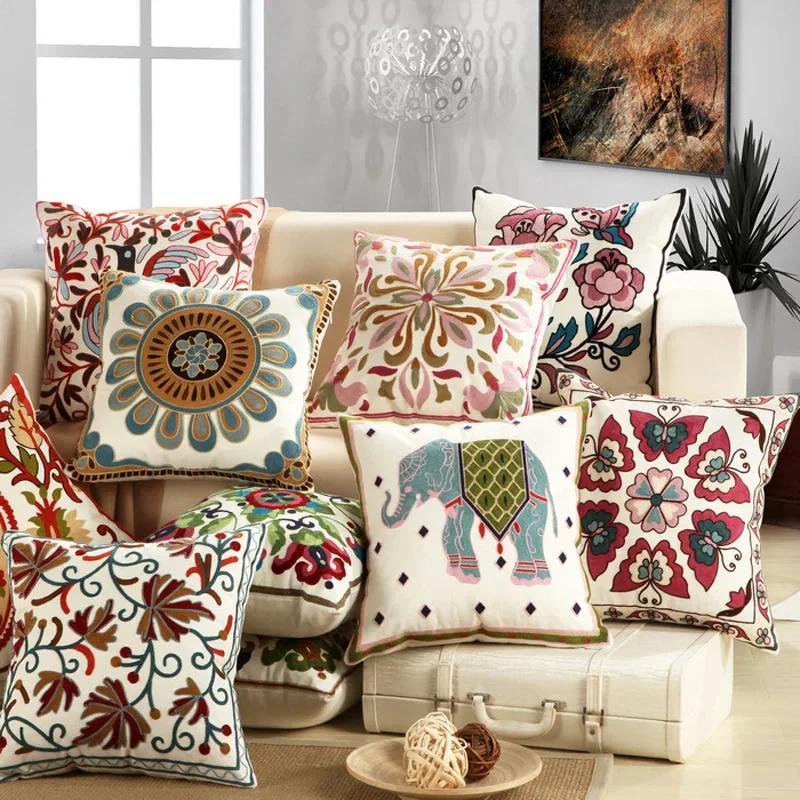 Cotton Ethnic Style Embroidery Pillow Case Car Pillow Cover Sofa Large Cushion Cover 45x45cm Luxury Pillow Case